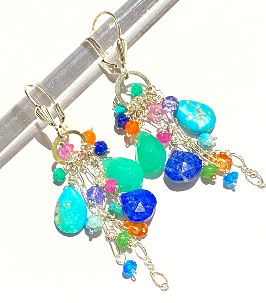 Sterling Silver Dangle Earrings Multicolor Gem Lapis Turquoise Chrysoprase