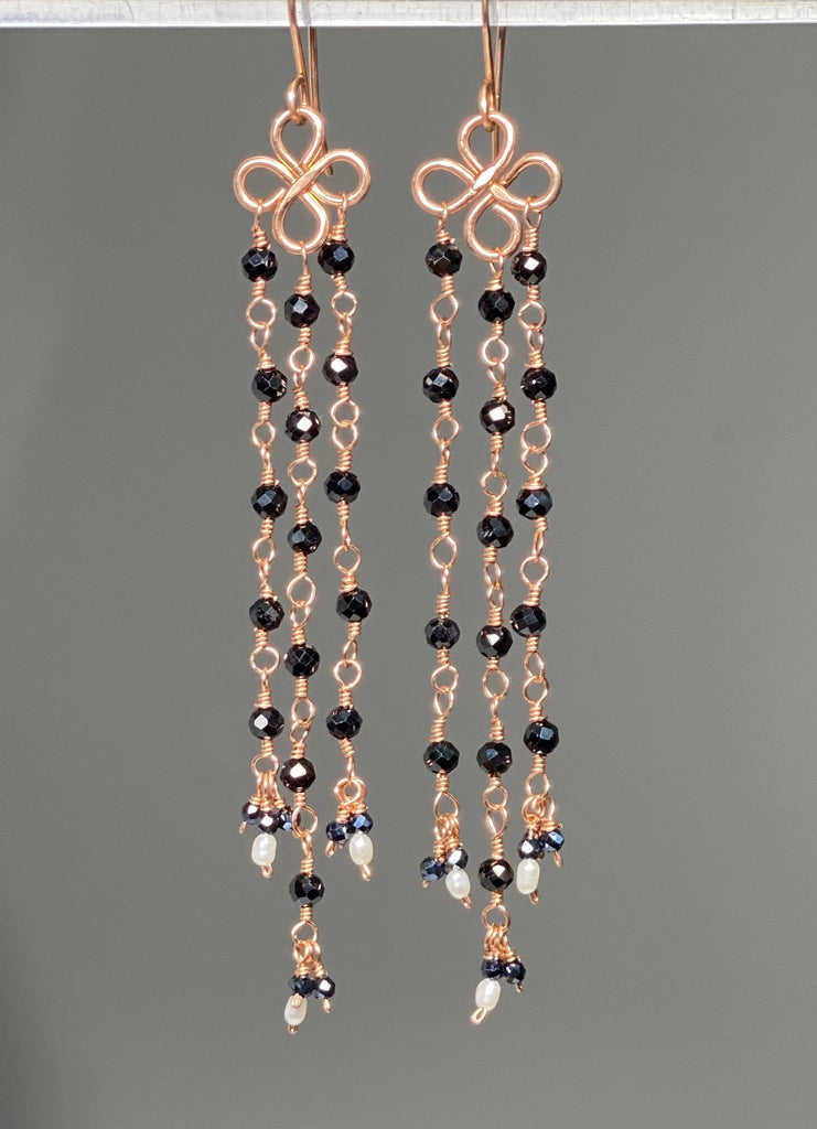 Long Black Spinel Shoulder Duster Dangle Earrings Rose Gold