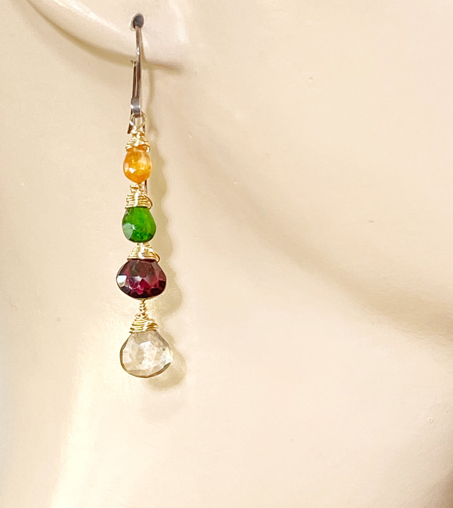 Multi Gemstone Dangle Earrings Mixed Metal Garnet Chrome Diopside