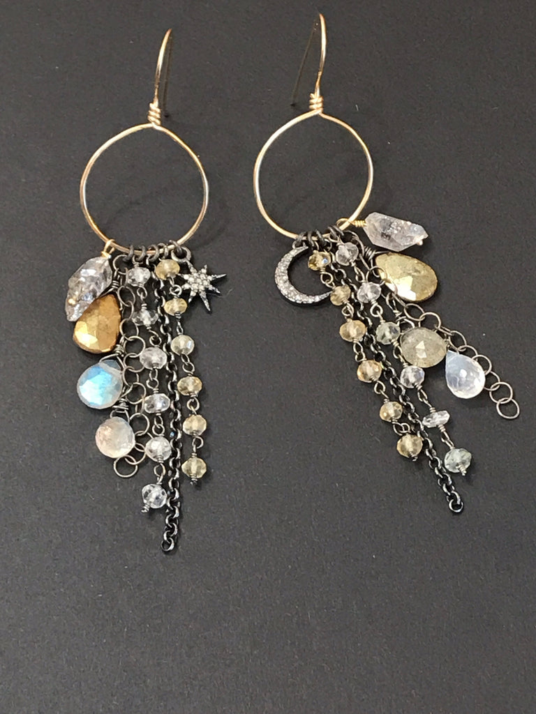 Diamond Charm Boho Dangle Earrings Mixed Metals Labradorite Moonstone - doolittlejewelry
