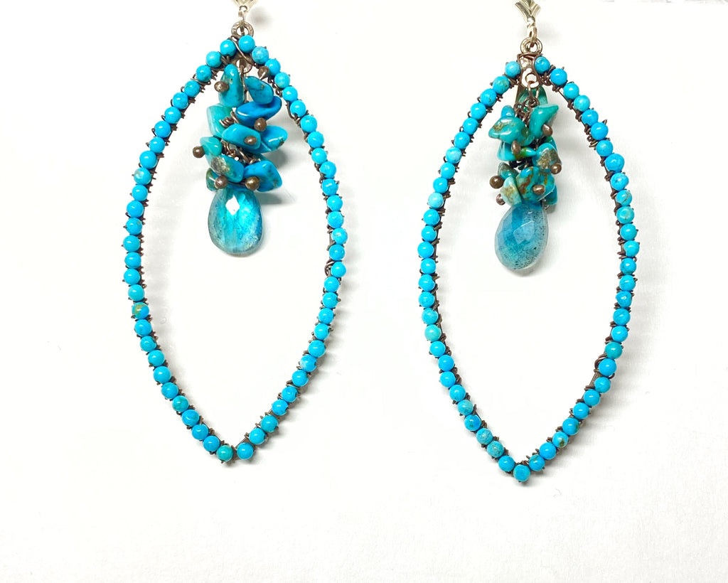 Oxidized Silver Turquoise Beaded Hoop Earrings