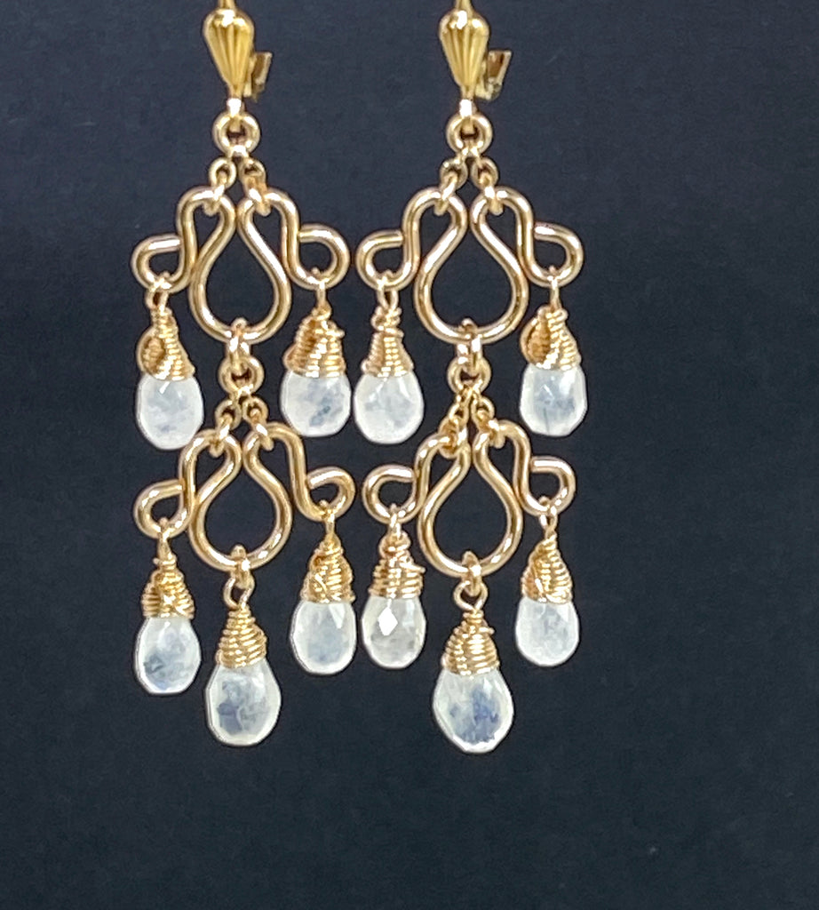 Rainbow Moonstone Gemstone Chandelier Earrings Gold Fill - doolittlejewelry