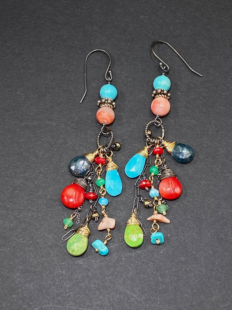 Turquoise Long Boho Earrings Mixed Metal Red Coral Green Turquoise - doolittlejewelry