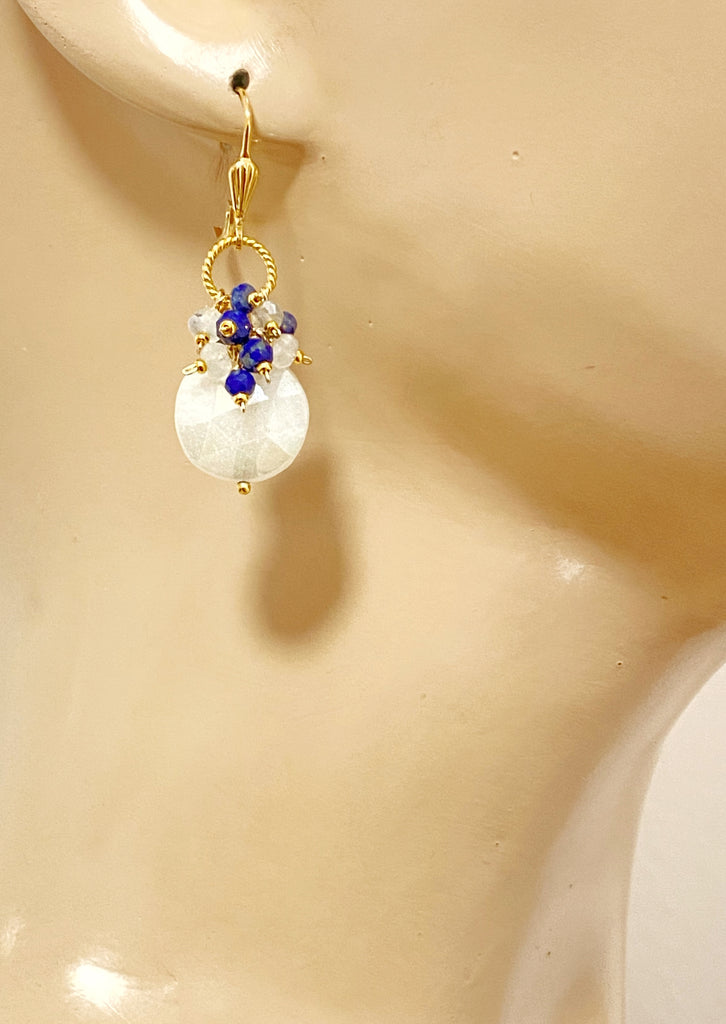 Blue and White Mystic Moonstone Cluster Earrings Gold