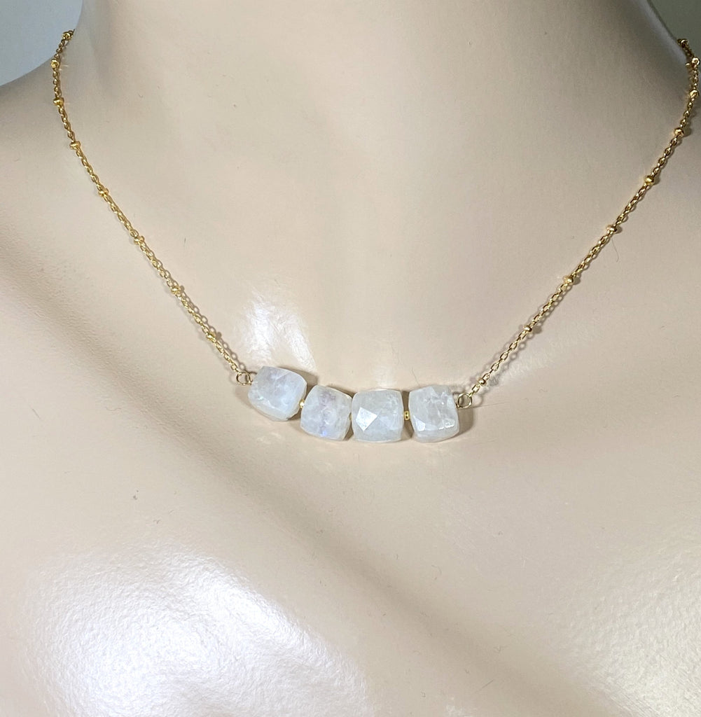 Rainbow Moonstone Cube Dainty Gold Fill Necklace - doolittlejewelry