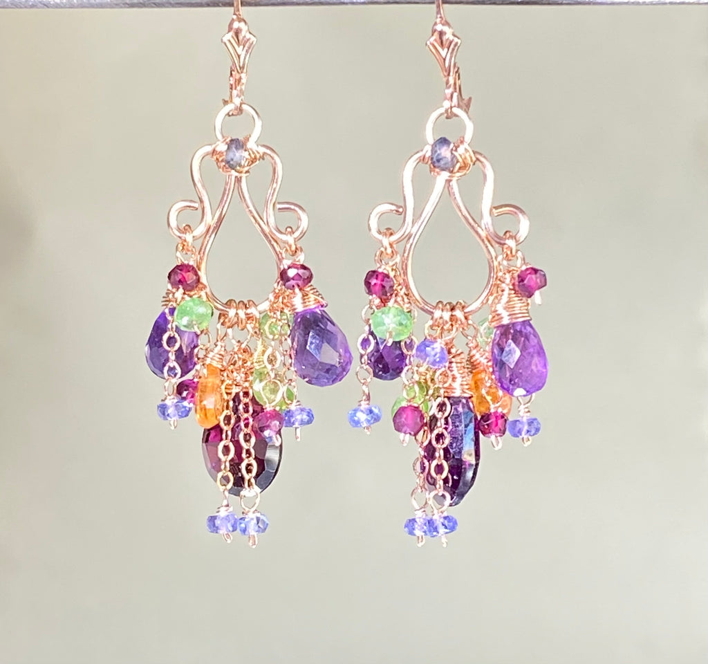 Rose Gold Chandelier Earrings Rhodolite Garnet Amethyst Lever Back