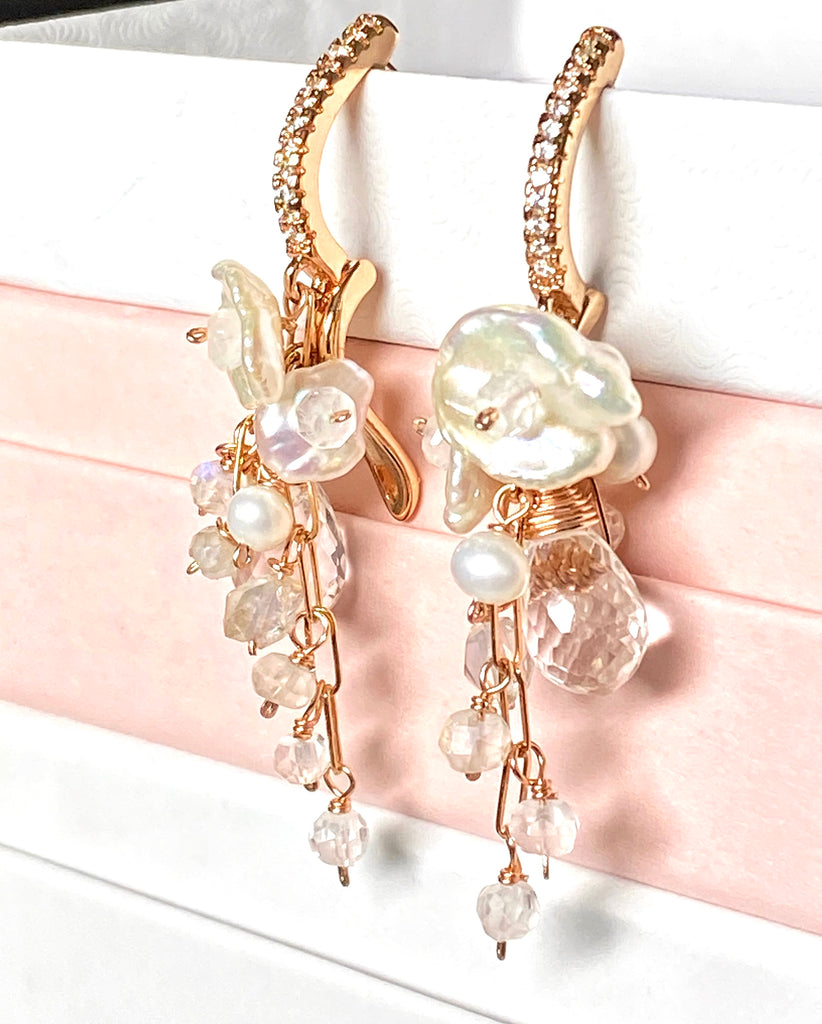 Rose Gold Crystal Quartz Bridal Dangle Earrings with Keishi Pearls