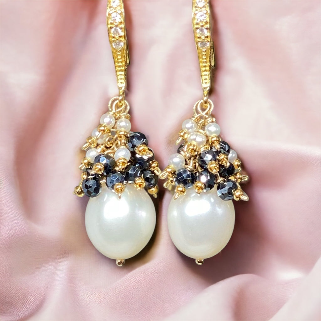 white pearl black spinel and tiny white pearl cluster on gold