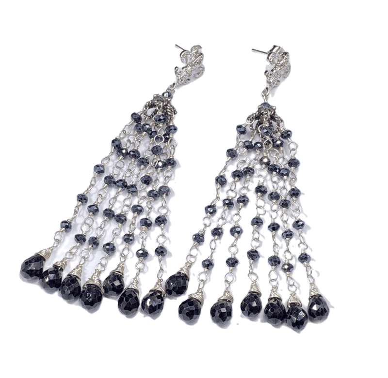 Gemstone Tassel Earrings Mystic Black Spinel Sterling Silver - doolittlejewelry