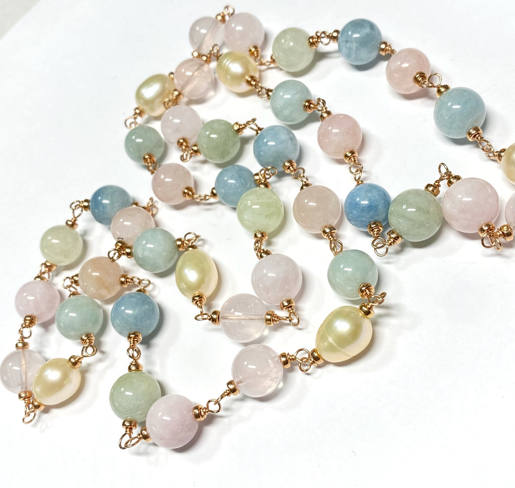 Long Rose Gold Necklace with Aquamarine, Morganite, Rose Quartz, Pearl Sautoir
