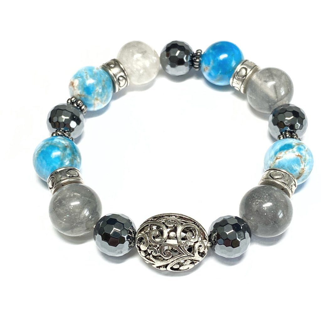 Dendritic Opal Blue Grey Silver Boho Stretch Bracelet Stacking Set of 3