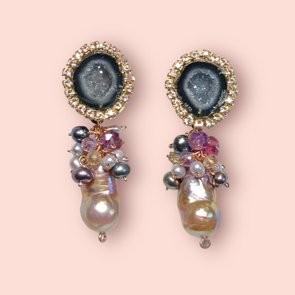 Black Tabasco Geode Earrings with Baroque Pearl Clusters