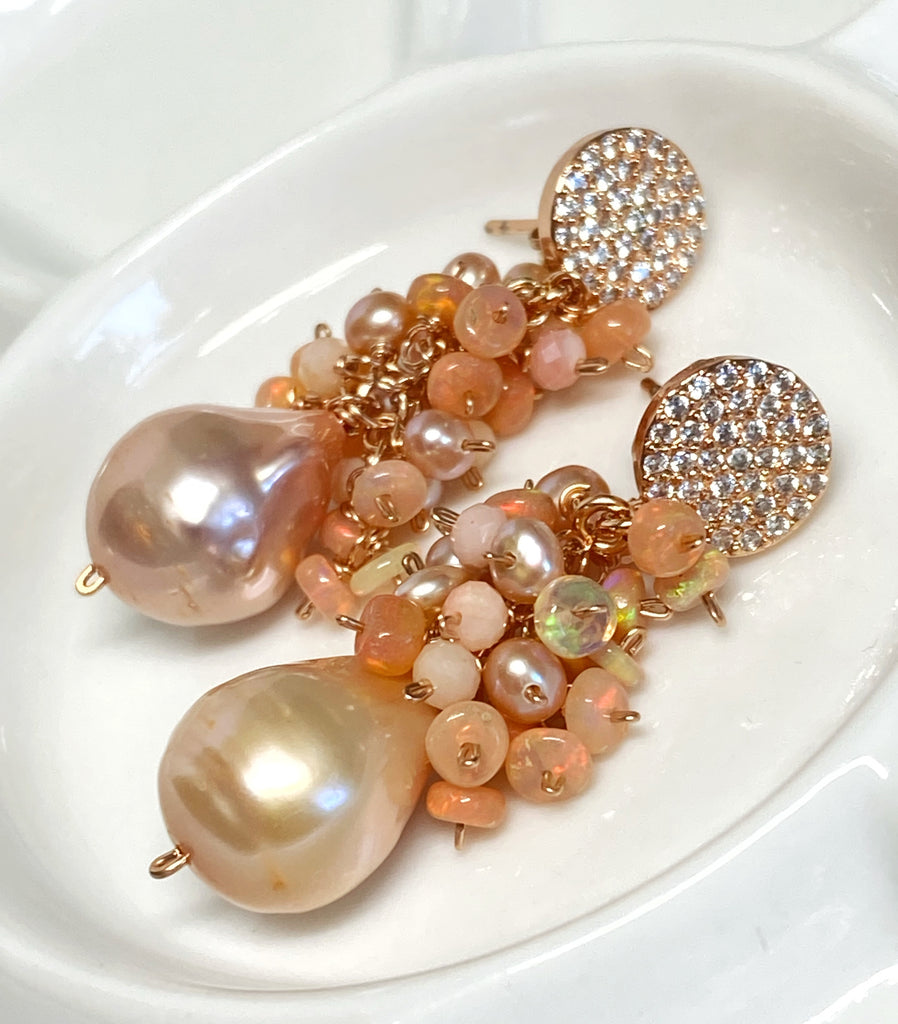 Blush Pink Baroque Pearl Opal Cluster Rose Gold Earrings