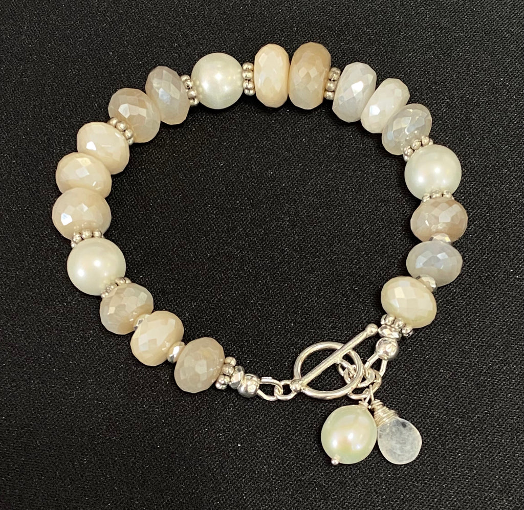 Mystic Moonstone, Pearl and Sterling Silver Layering Bracelet