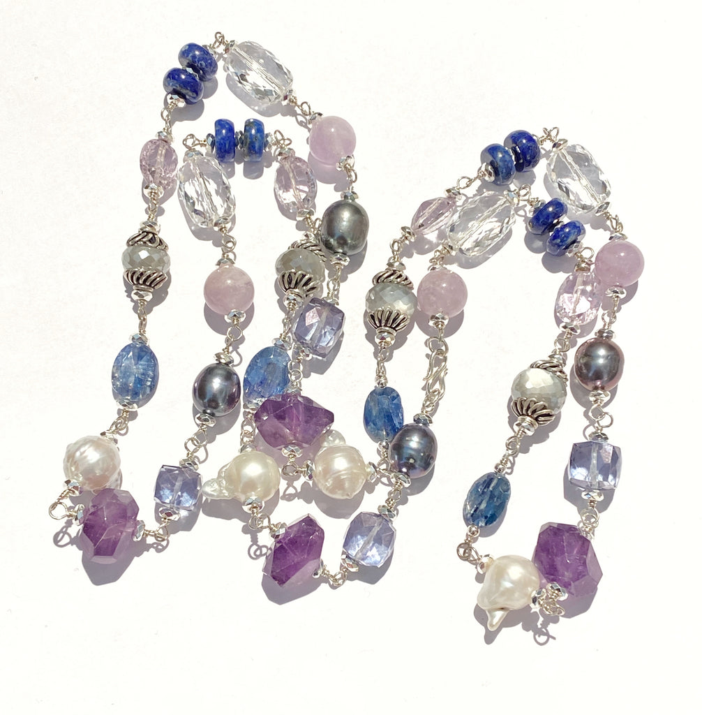 Long Blue Violet Necklace Amethyst Kyanite Pearl Crystal Quartz Sterling Silver