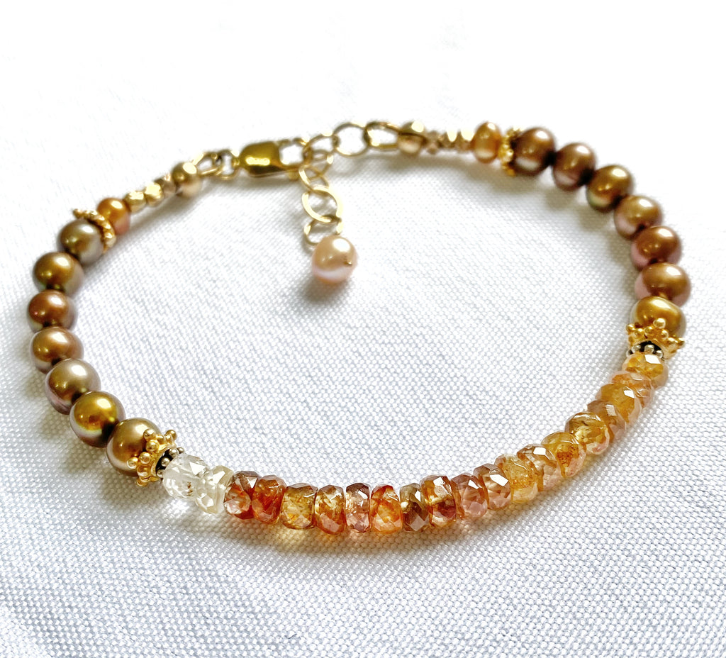 Natural Zircon Gemstone Golden Pearl Dainty Bracelet Gold Fill