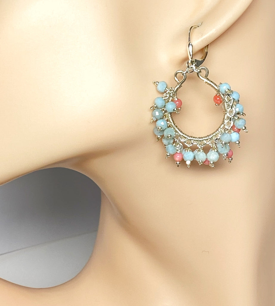 Larimar and Coral Hoop Earrings Sterling Silver