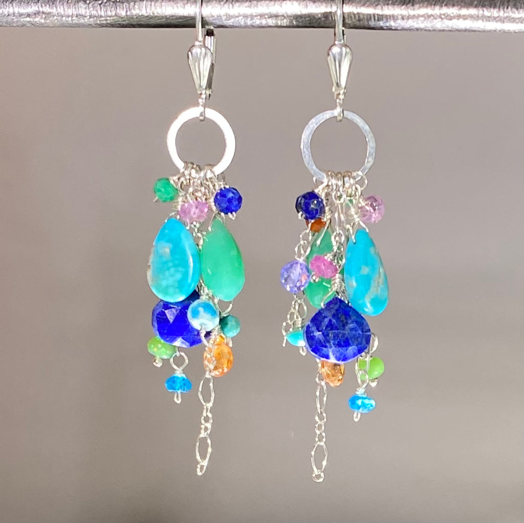 Sterling Silver Dangle Earrings Multicolor Gem Lapis Turquoise Chrysoprase