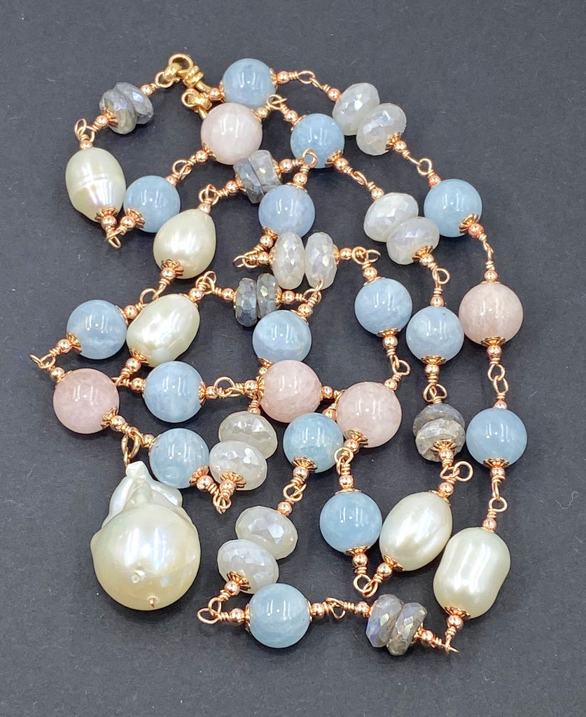 Long Blue Aquamarine Necklace Rose Gold, Pearl Gemstone Sautoir Wire Wrapped