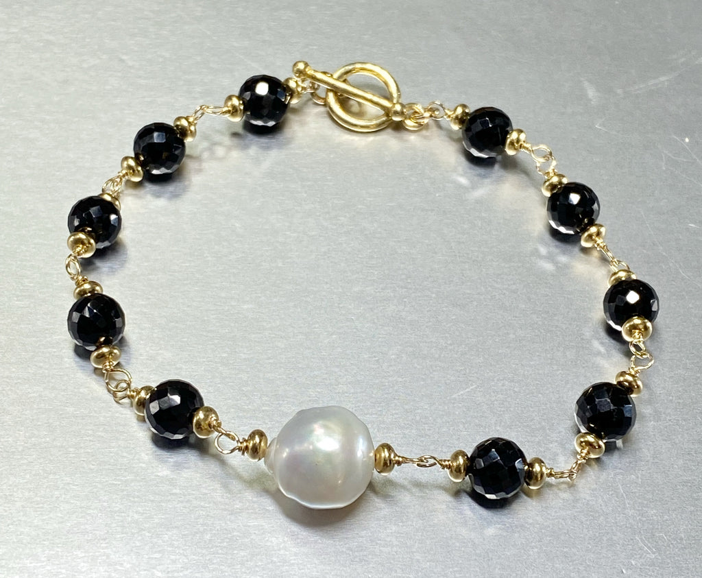 Edison Pearl, Black Spinel Gold Fill Rosary Style Clasp Bracelet