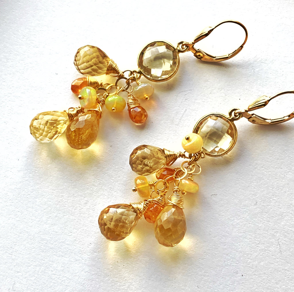 Citrine Dangle Earrings Ethiopian Opals Mandarin Garnet