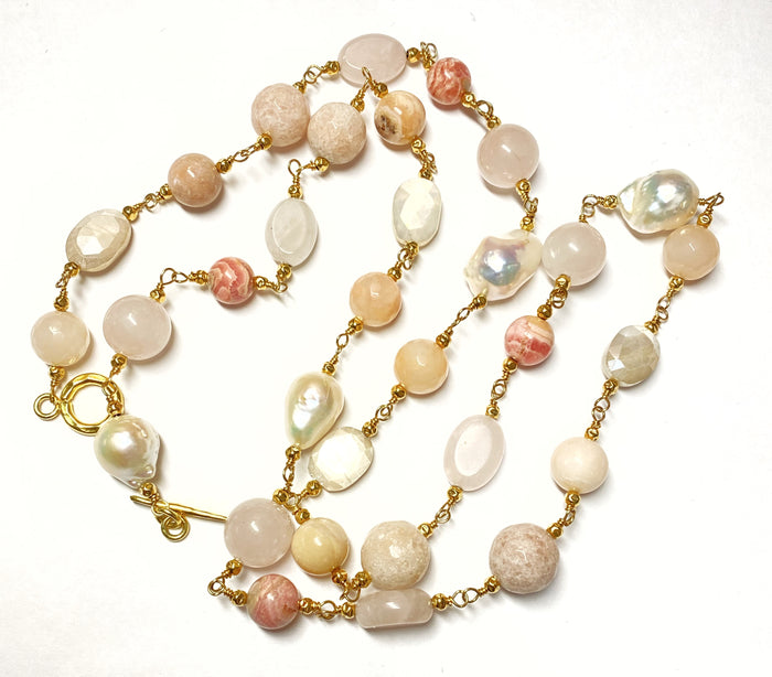 Long Multi Gemstone Blush Stone Pearl Wire Wrap Necklace 14kt Gold Fill