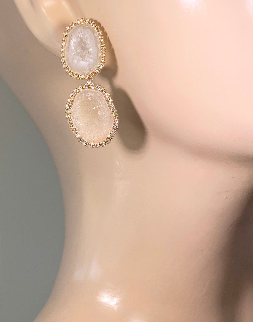 Ivory Tabasco Geode Bridal Earrings Double Dangle Post Diamond Style - doolittlejewelry