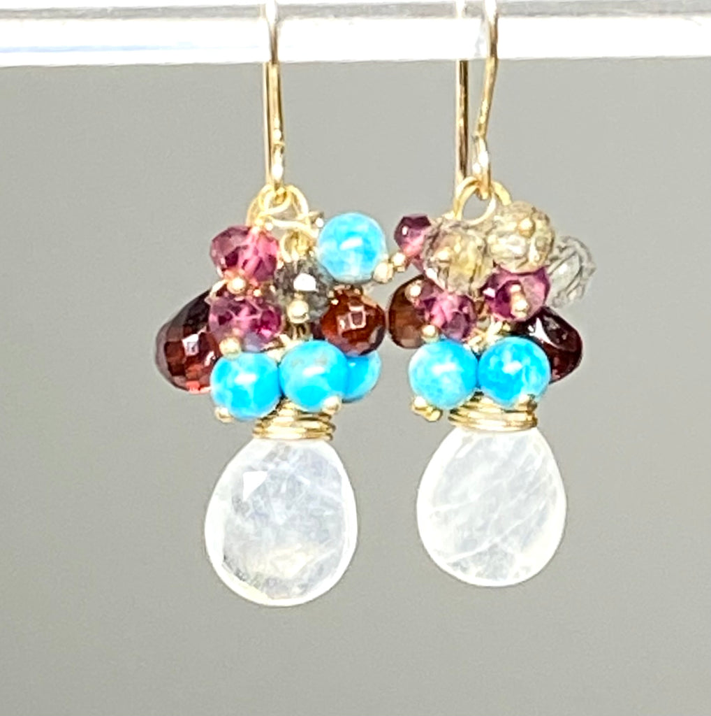 Moonstone with Turquoise and Garnet Cluster Gold Filled Earrings - Doolittle