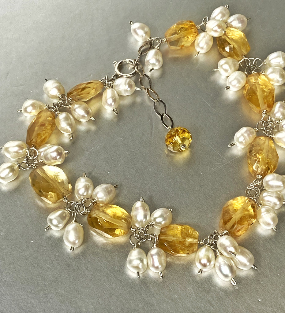 Citrine Gemstone Pearl Cluster Bracelet, Sterling Silver
