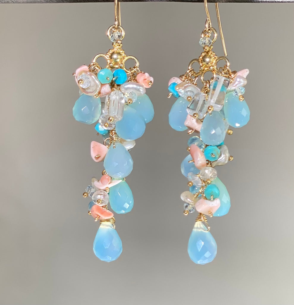 Coral and Aqua Blue Long Gem Dangle Earrings