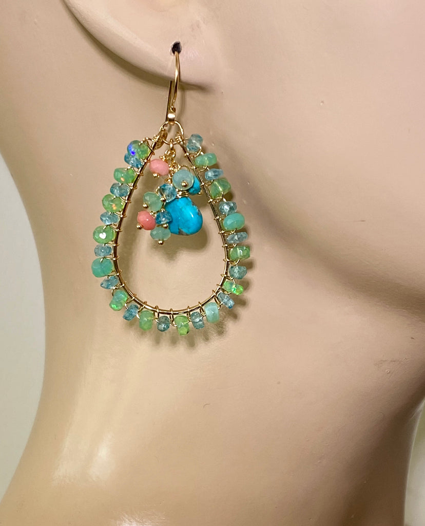 Turquoise, Apatite, Green Ethiopian Opal Hoop Earrings Gold Fill - doolittlejewelry