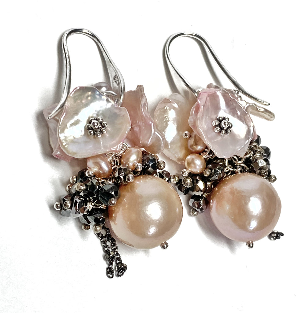 Pink Edison Pearl Cluster Earrings Blush Pink Keishi and Black Pyrite, French Style