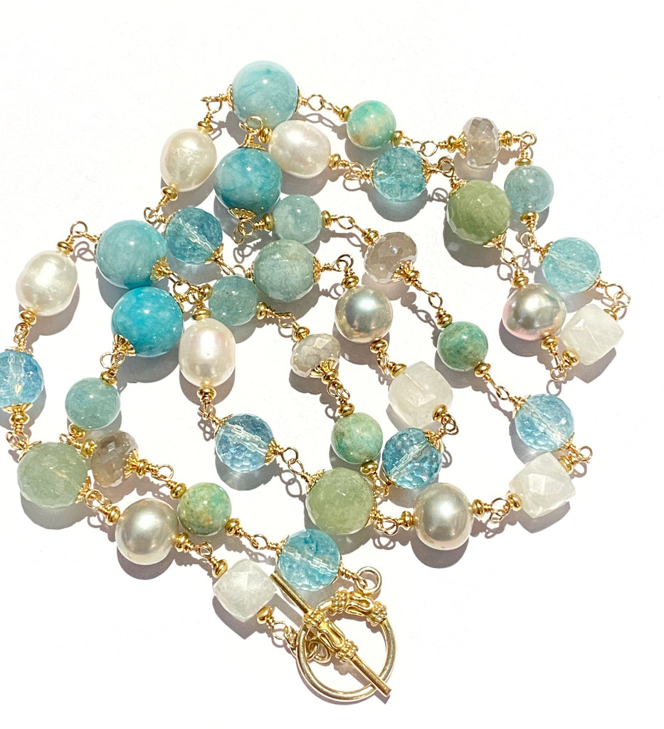 Aquamarine Pearl Long Wire Wrap Necklace Gold Moonstone