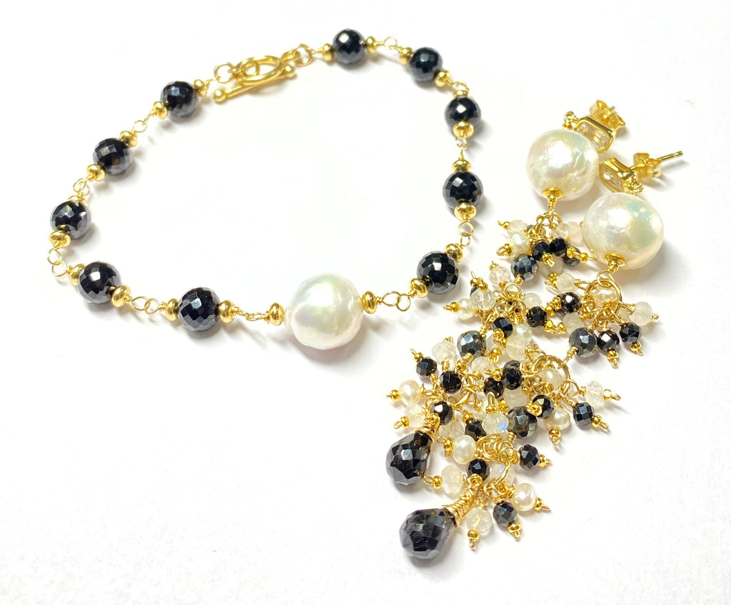 edison pearl long dangle earrings with black spinel