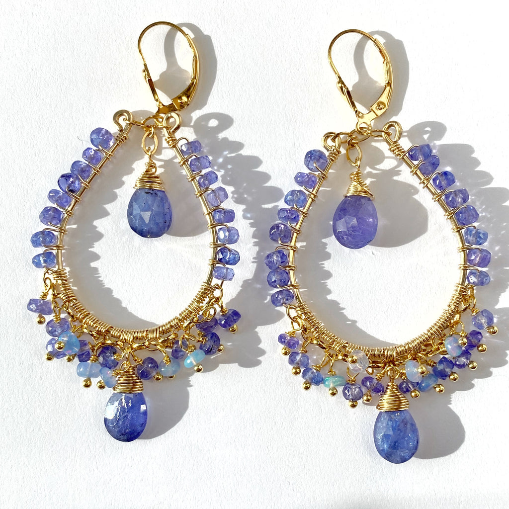 Tanzanite and Opal Hoop Earrings in Gold Fill