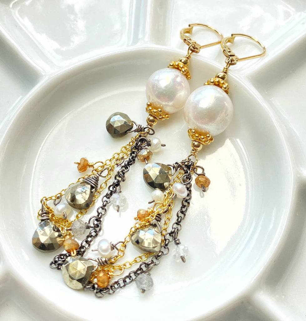 pearl pyrite mixed metal chain dangle earrings