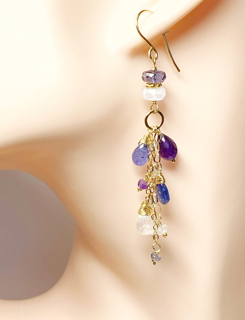 Blue Violet Gemstone Dangle Earrings - Amethyst, Tanzanite, Kyanite, Moonstone