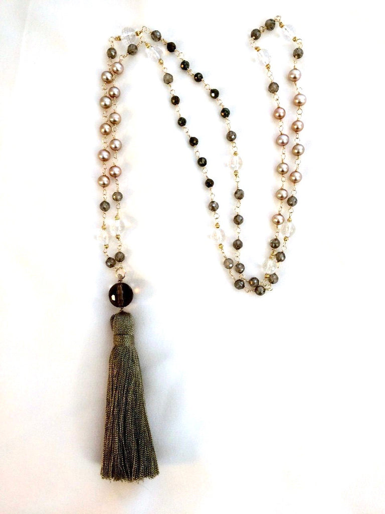 Wire Wrap Long Beaded Tassel Necklace - doolittlejewelry