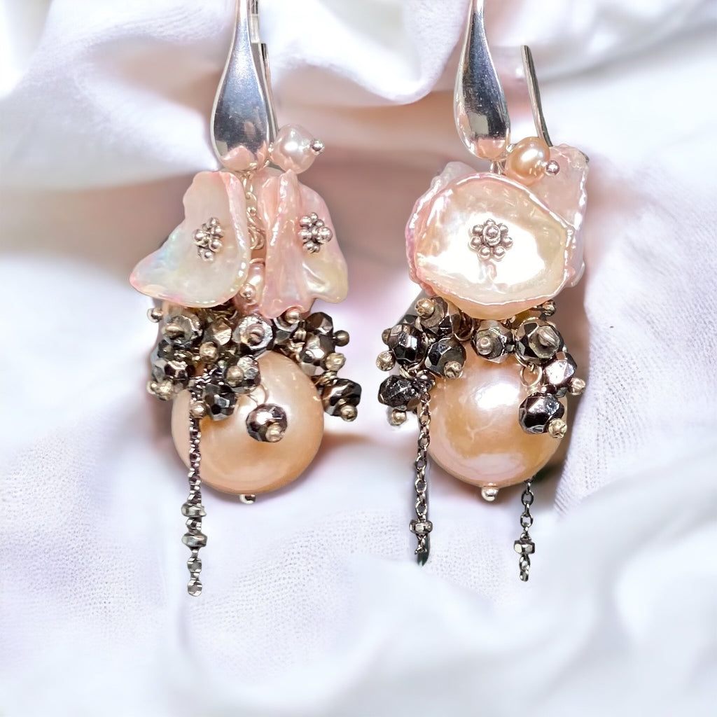 Pink Edison Pearl Cluster Earrings Blush Pink Keishi and Black Pyrite, French Style