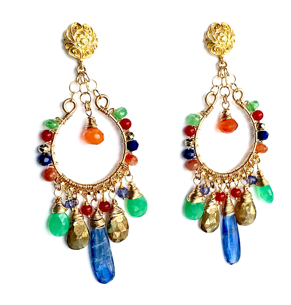 Colorful Chandelier Earrings Gold Fill Kyanite Carnelian Chrysoprase Lapis - doolittlejewelry
