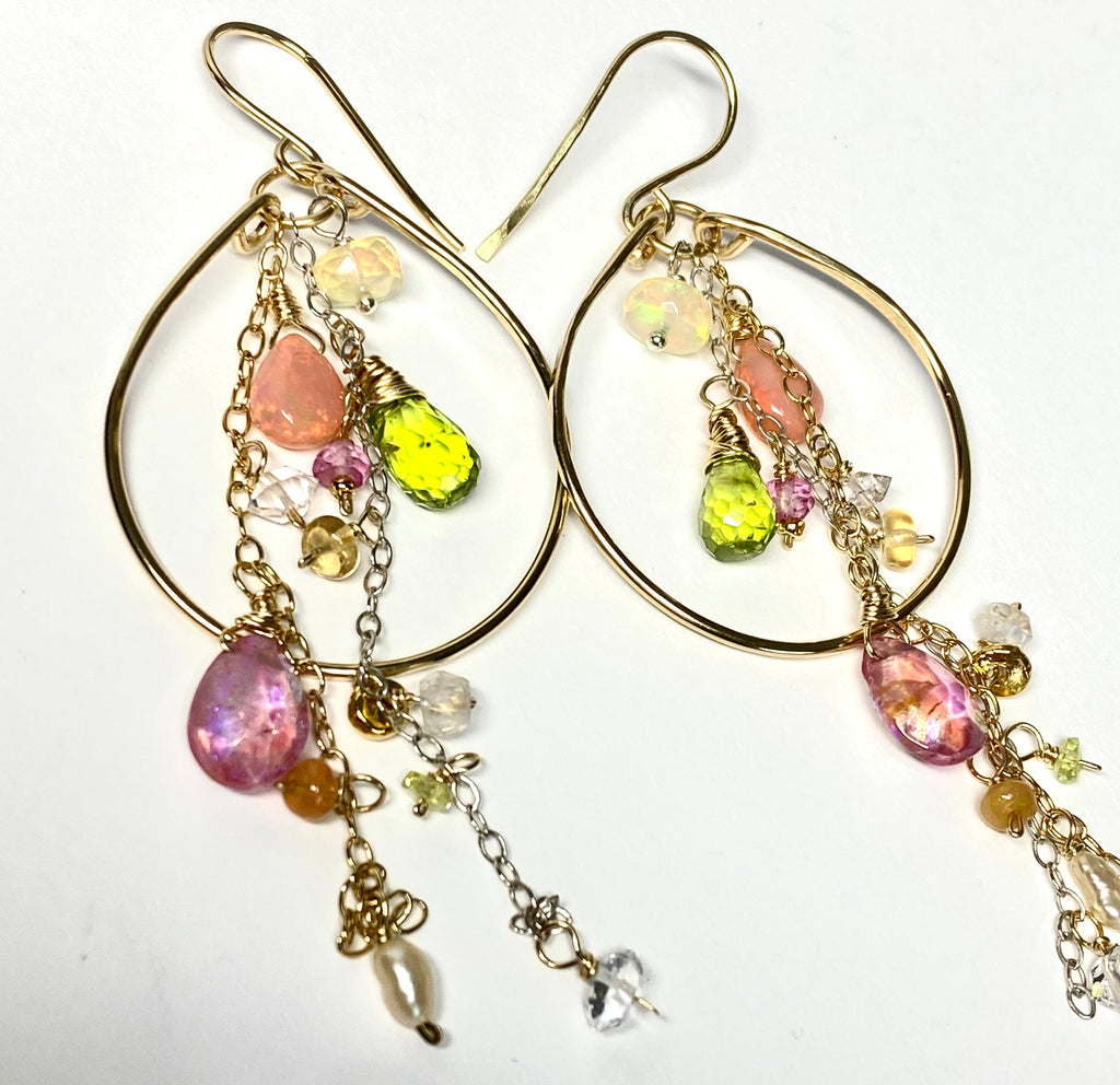 Gold Fill Hoop Earrings with Multi Gemstone Dangles, Opals, Peridot