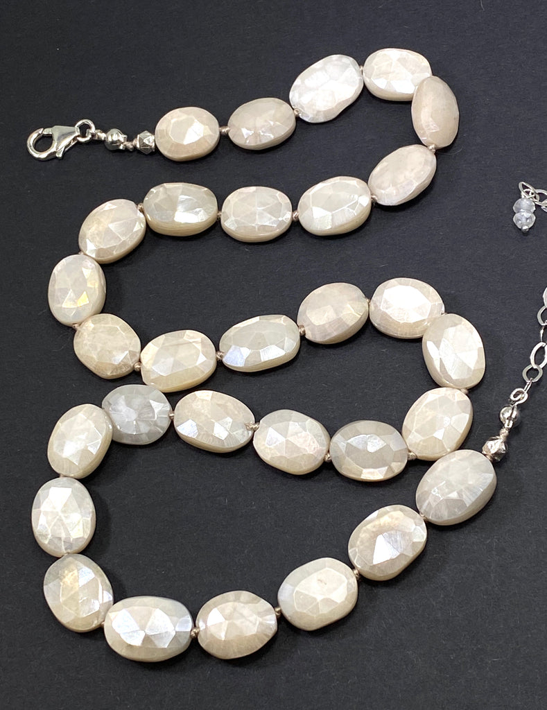 Ivory Mystic Moonstone Necklace Silk Knotted Sterling Silver - doolittlejewelry