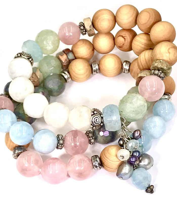 Colorful Pastel Stretch Stacking Bracelet Set of 3 Rose Quartz Moonstone Sandalwood - doolittlejewelry