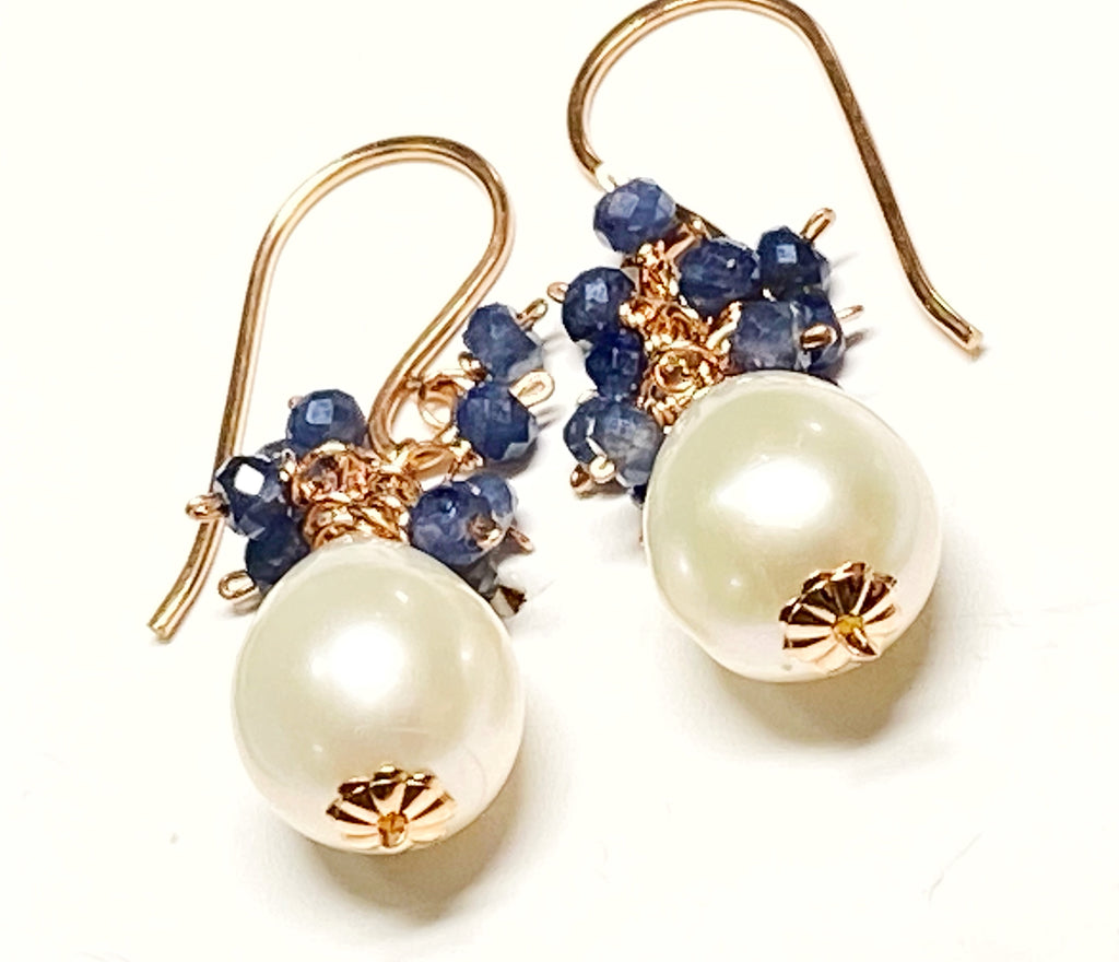 Blue Sapphire and Pearl Cluster Earrings Rose Gold