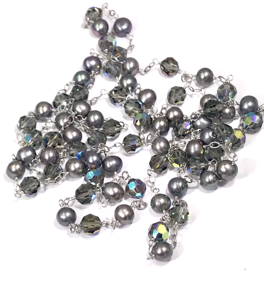 Long Grey Pearl Swarovski Crystal Sautoir Necklace - doolittlejewelry