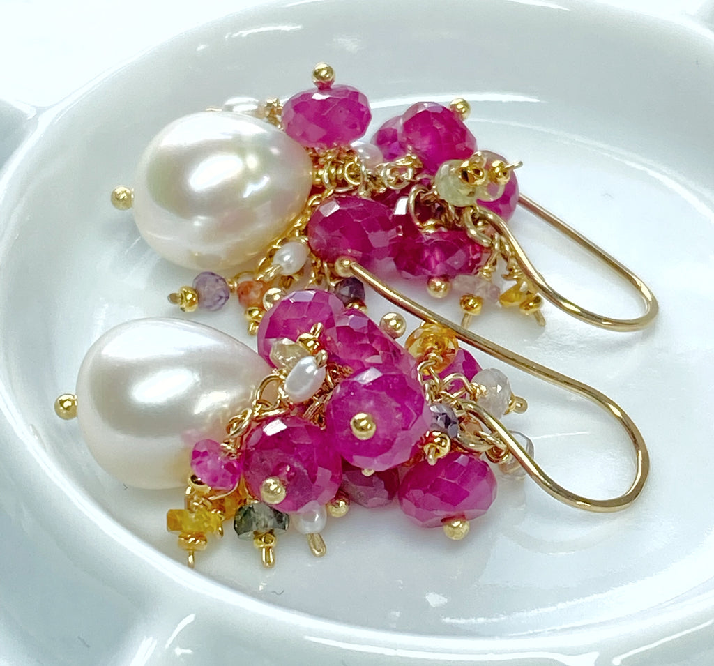 Pearl and Pink Sapphire Cluster Earrings Gold 2 - not used