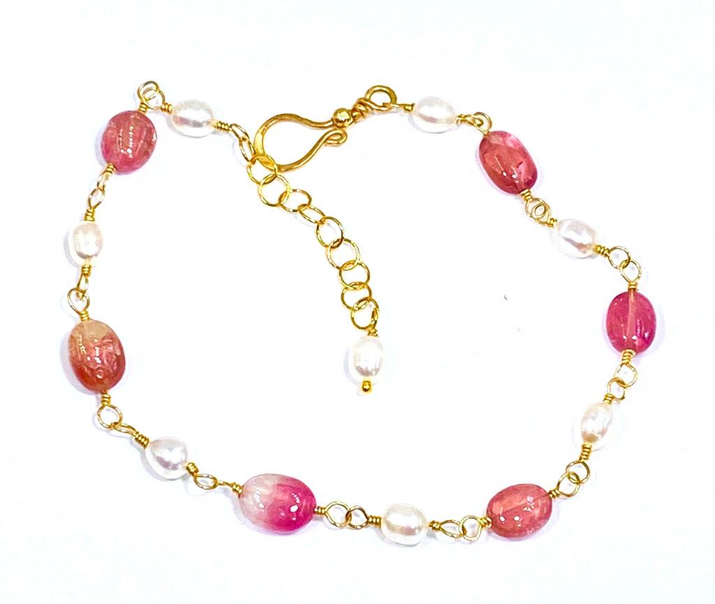 Pink Tourmaline and Pearl Gold Fill Wire Wrapped Bracelet Adjustable