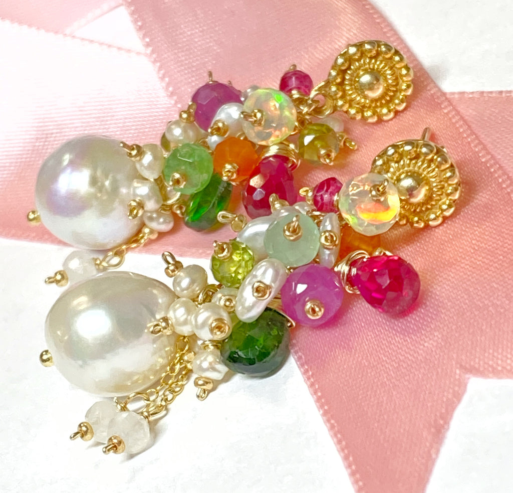 Colorful Gemstone Pearl Cluster Earrings Gold Post