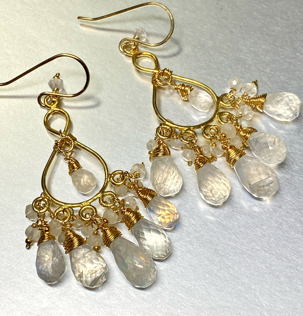 Rainbow Moonstone Gold Chandelier Earrings