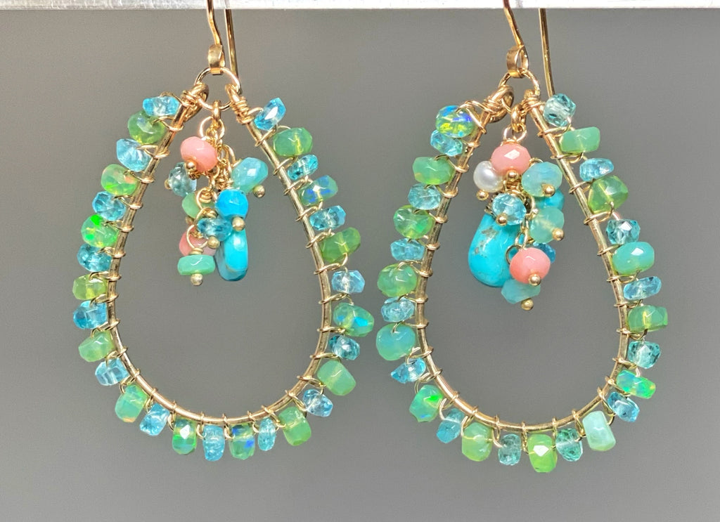 Turquoise, Apatite, Green Ethiopian Opal Hoop Earrings Gold Fill